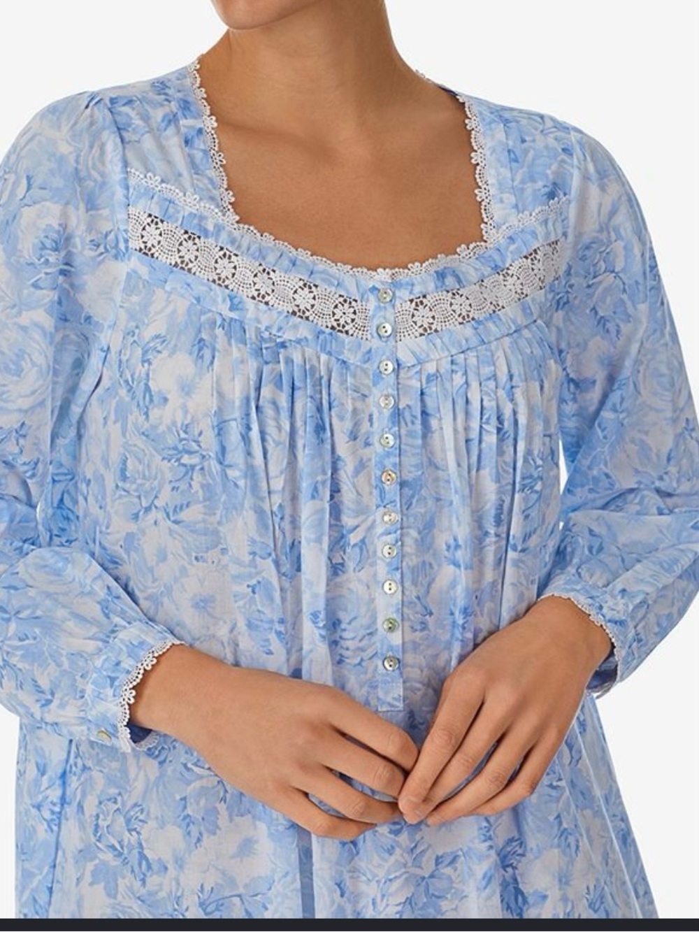 Eileen West Light Blue Floral Lace-Trim Long Sleeve Cotton Nightgown NWOT